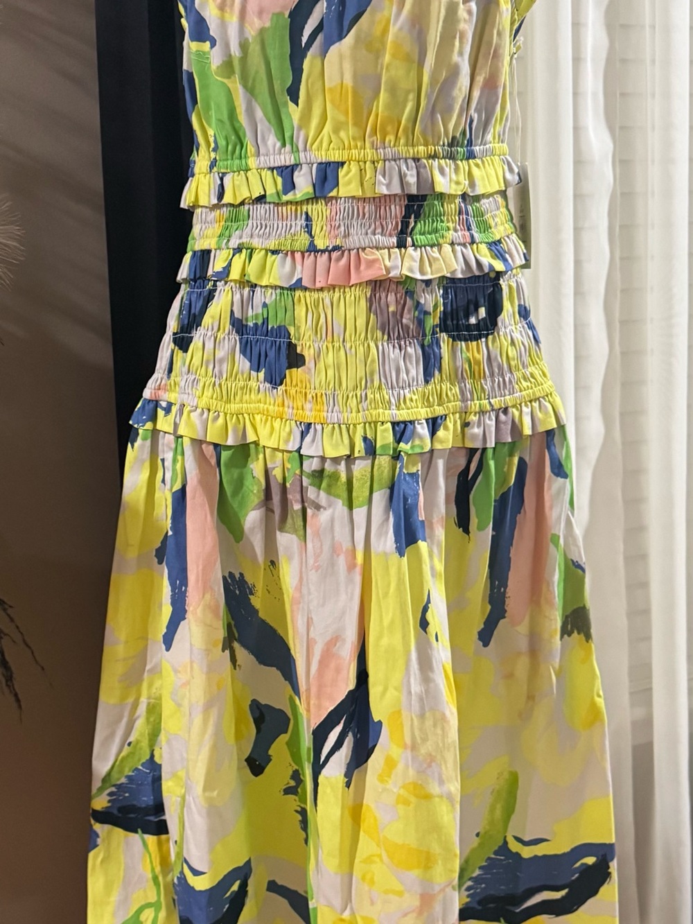 Free Assembly Bright Abstract Print Smocked Ruffle Maxi Dress M